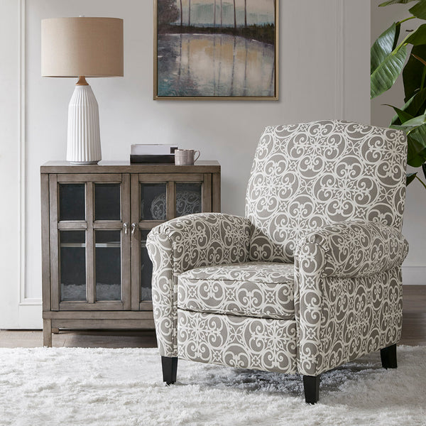 English Elm Kirby Elegant Grey Fretwork Push Back Recliner Chair with Black Wood Legs, Removable Cushion Comfort B03548642