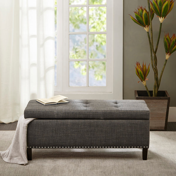 English Elm Tufted Grey Linen Storage Bench with Button Tufting, Silver Nailhead Trim & Soft-Close Lift, 42" B03548263