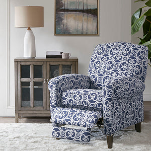 English Elm Kirby Navy Fretwork Push-Back Recliner Chair with Rolled Arms, Solid Wood Legs, Removable Cushion B03548664