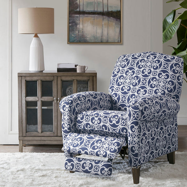 English Elm Kirby Navy Fretwork Push-Back Recliner Chair with Rolled Arms, Solid Wood Legs, Removable Cushion B03548664