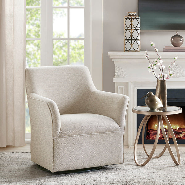 English Elm Augustine Cream Swivel Glider Chair with Flared Arms, 360° Smooth Rotation, Solid Wood Frame B03548640