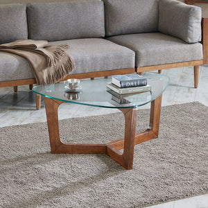English Elm Coffee Walker Mid-Century Triangle Coffee Table with Pecan Wood Base & Tempered Glass Top, 42" B03548440