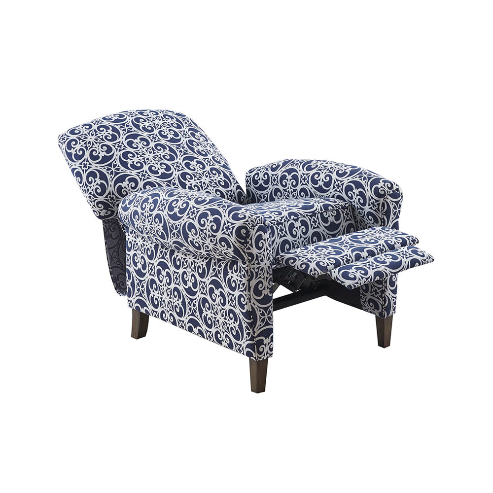 English Elm Kirby Navy Fretwork Push-Back Recliner Chair with Rolled Arms, Solid Wood Legs, Removable Cushion B03548664