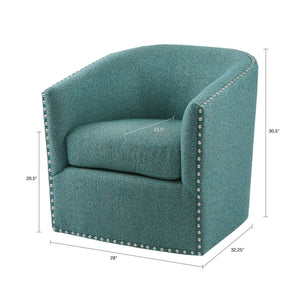 English Elm Tyler Teal Swivel Chair with Pewter Nailhead Trim, High-Density Foam Cushion & Black Metal Base B03548646