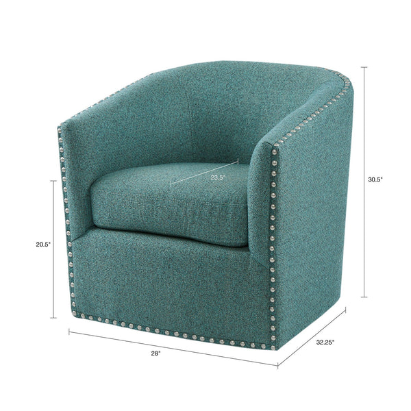 English Elm Tyler Teal Swivel Chair with Pewter Nailhead Trim, High-Density Foam Cushion & Black Metal Base B03548646