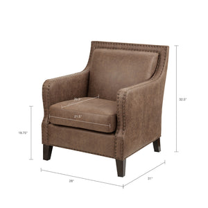 English Elm Shasta Solid Wood Accent Chair with Faux Leather Upholstery, Brass Nail Trim, Removable Foam Cushion B03548356