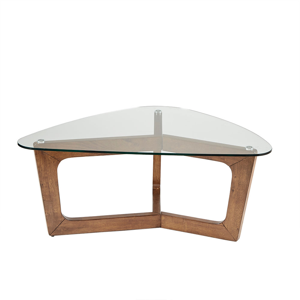 English Elm Coffee Walker Mid-Century Triangle Coffee Table with Pecan Wood Base & Tempered Glass Top, 42" B03548440