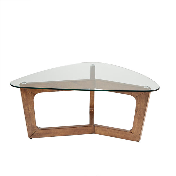 English Elm Coffee Walker Mid-Century Triangle Coffee Table with Pecan Wood Base & Tempered Glass Top, 42" B03548440