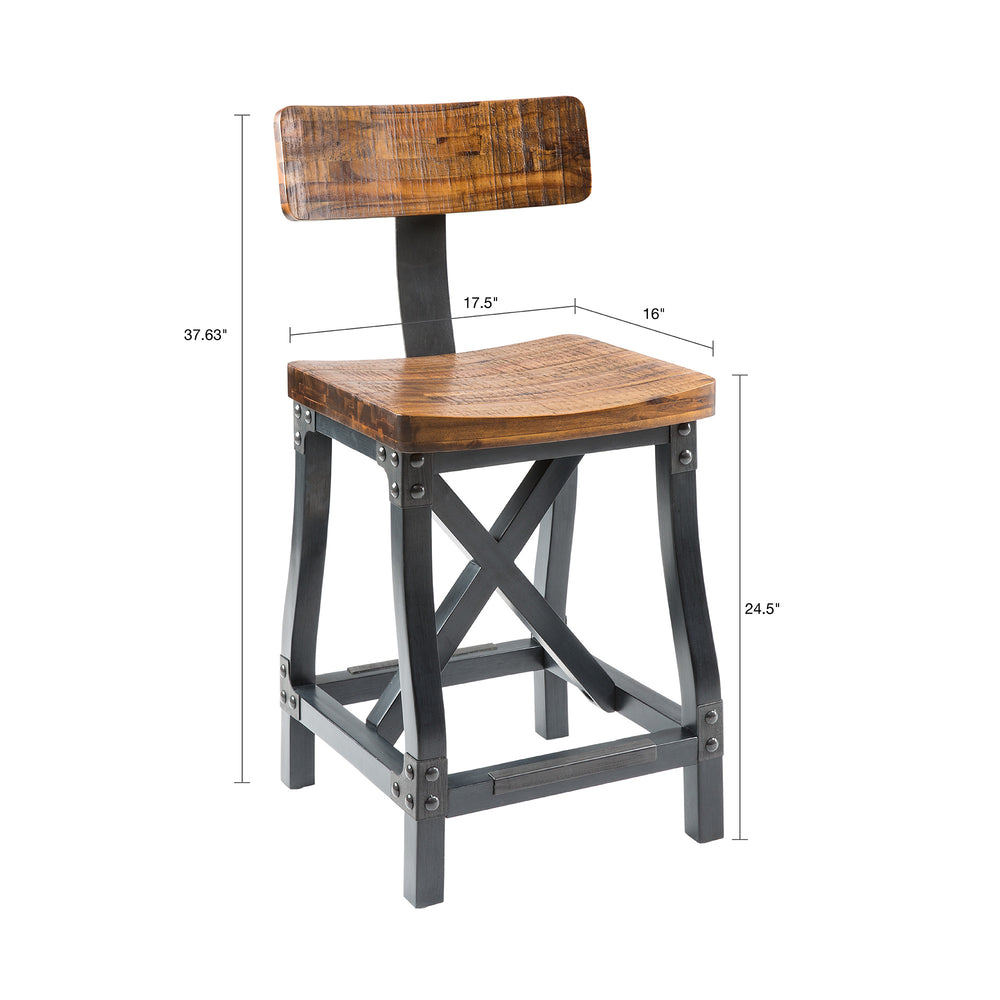 English Elm Counter Lancaster Industrial Counter Stool with Back – Solid Acacia Wood, Graphite Metal Rivet Accent, 300 lb Capacity B03548279