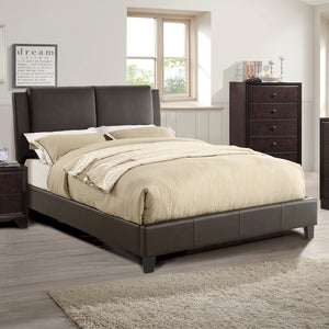 English Elm California King Faux Leather Bed Frame with Two-Panel Upholstered Headboard, Modern Brown Elegance B011S00106