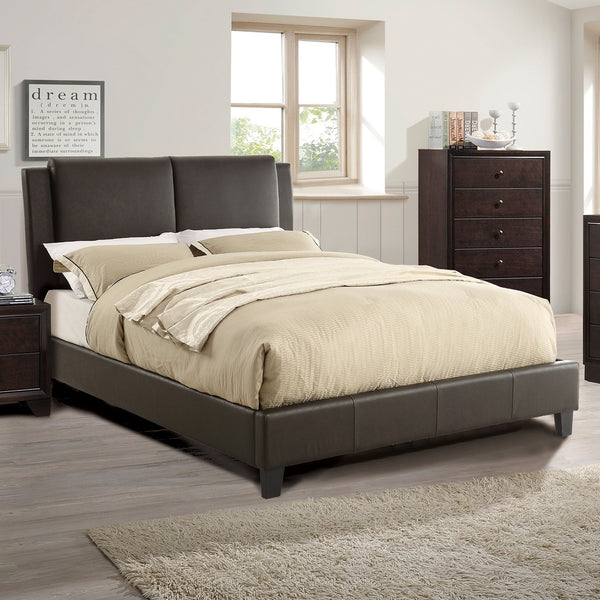 English Elm California King Faux Leather Bed Frame with Two-Panel Upholstered Headboard, Modern Brown Elegance B011S00106