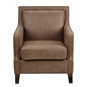 English Elm Shasta Solid Wood Accent Chair with Faux Leather Upholstery, Brass Nail Trim, Removable Foam Cushion B03548356
