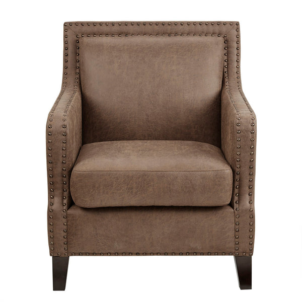English Elm Shasta Solid Wood Accent Chair with Faux Leather Upholstery, Brass Nail Trim, Removable Foam Cushion B03548356