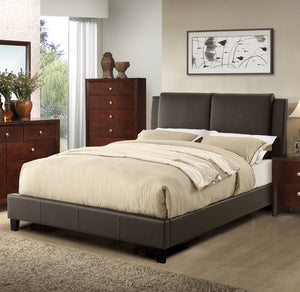 English Elm California King Faux Leather Bed Frame with Two-Panel Upholstered Headboard, Modern Brown Elegance B011S00106