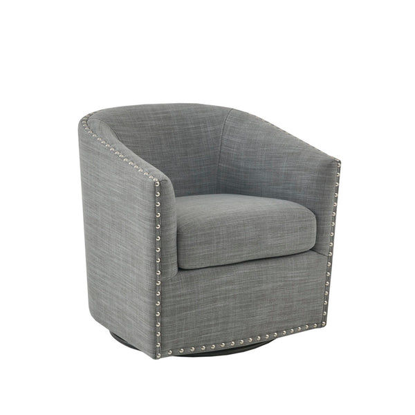 English Elm Tyler Swivel Chair with Grey Linen Blend Upholstery, Silver Nailhead Trim, 360° Black Metal Base B03548665