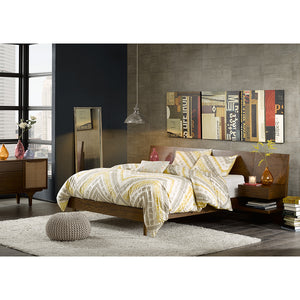 English Elm Clark King Bed with Attached Dual Nightstands, Oak Veneer Platform, Hidden Slide Storage, Low Headboard Modern Design B035S00021