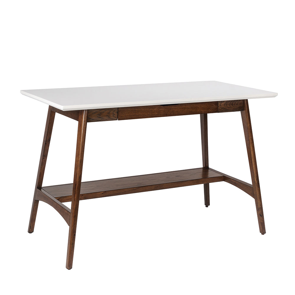 English Elm Parker Mid-Century Desk with Off-White Top & Pecan Shelf, 48" Rubberwood Frame, Single Drawer, Sleek Design B03548849