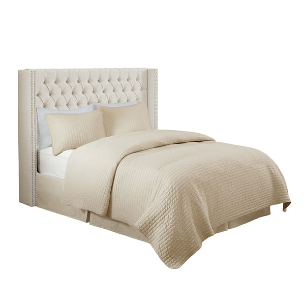 English Elm Upholstery Wingback Queen Headboard Cream Tufted Nailhead Trim Transitional Bedroom B03548785