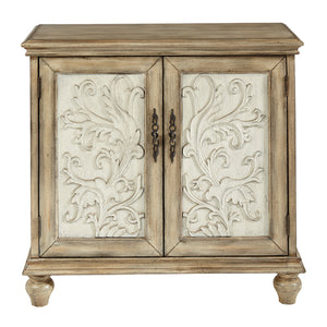 English Elm 2-Door Cabinet Madison Park Driscoll Cream Floral Accent Chest with Natural Wood Frame, Rustic Storage Enduring Elegance and One Shelf B03548862