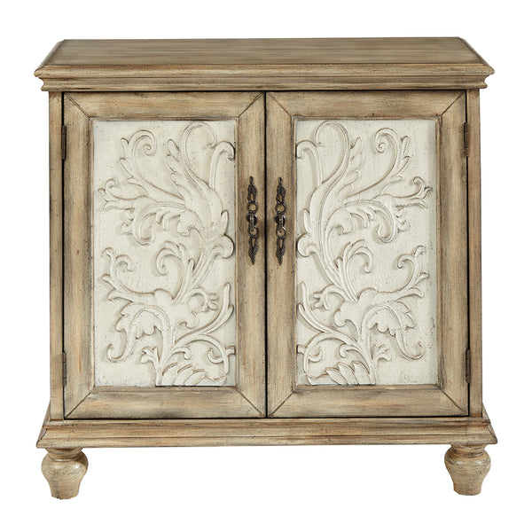 English Elm 2-Door Cabinet Madison Park Driscoll Cream Floral Accent Chest with Natural Wood Frame, Rustic Storage Enduring Elegance and One Shelf B03548862