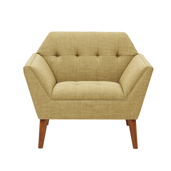 English Elm Lounge Chair with Mid-Century Button Tufting, Textured Upholstery & Pecan Tapered Wood Legs, Plush Comfort Pale Green 30.31 L x 37.8 W x 24.02 H B03548494
