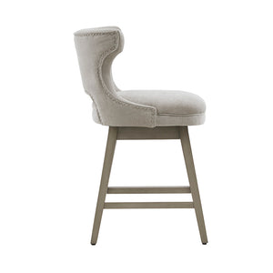 English Elm 25.75" Emmett Swivel Counter Stool Light Grey Upholstered with Nailhead Trim & Silver Kick Plate, 300 lb Capacity B03548712