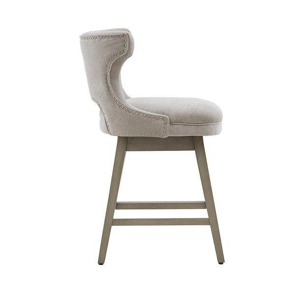 English Elm 25.75" Emmett Swivel Counter Stool Light Grey Upholstered with Nailhead Trim & Silver Kick Plate, 300 lb Capacity B03548712