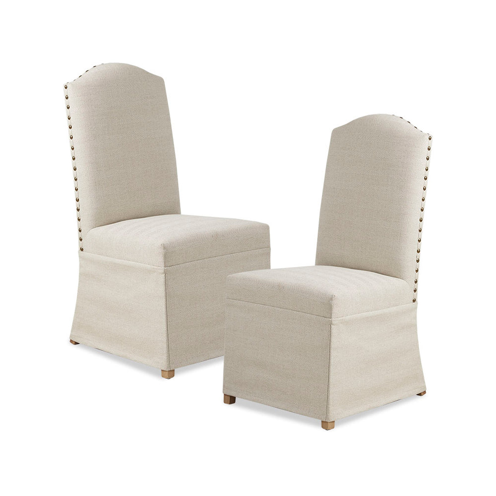 English Elm Foster Beige Upholstered Dining Chairs Set of 2 with Camel Oak Legs, Bronze Nailhead Trim, Skirted Elegance B03548770