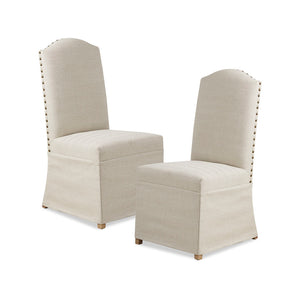 English Elm Foster Beige Upholstered Dining Chairs Set of 2 with Camel Oak Legs, Bronze Nailhead Trim, Skirted Elegance B03548770