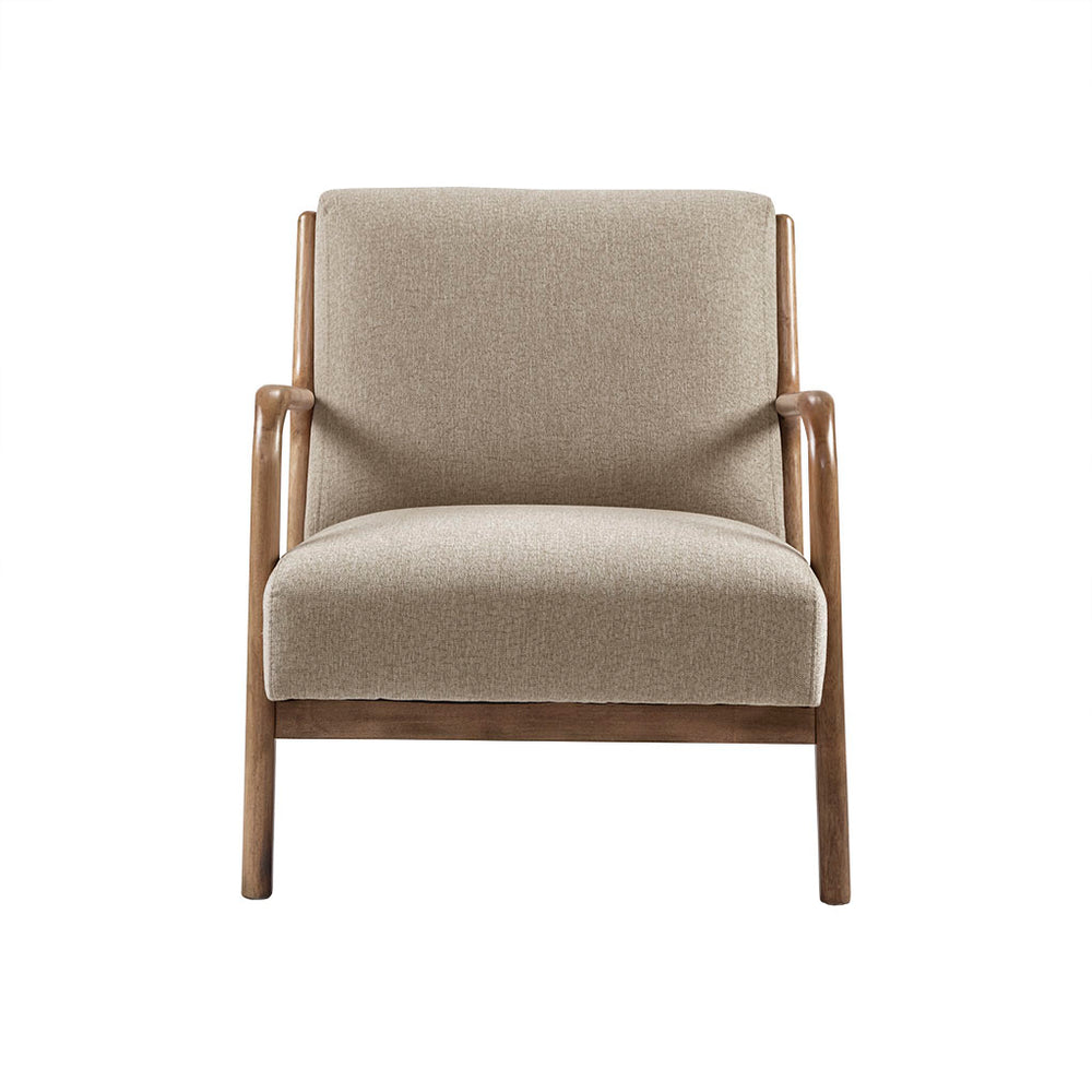 English Elm Lounge Chair with Mid-Century Button Tufting, Textured Upholstery & Pecan Tapered Wood Legs, Plush Comfort taupe 35 L x 32 W x 19 H B03548497