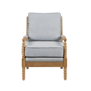 English Elm Accent Arm Chair Donohue Dusty Blue Upholstered Accent with Bronze Nailhead Trim & Camel Oak Legs B03548589