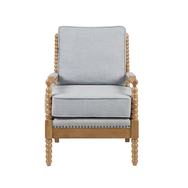 English Elm Accent Arm Chair Donohue Dusty Blue Upholstered Accent with Bronze Nailhead Trim & Camel Oak Legs B03548589