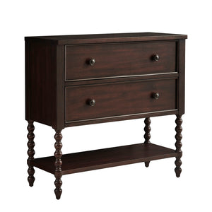 English Elm 2 Drawer Accent Chest Beckett Farmhouse Console with Turned Wood Legs, Double Drawer & Open Shelf Morocco Brown 18 L x 39.75 W x 25 H B03548934