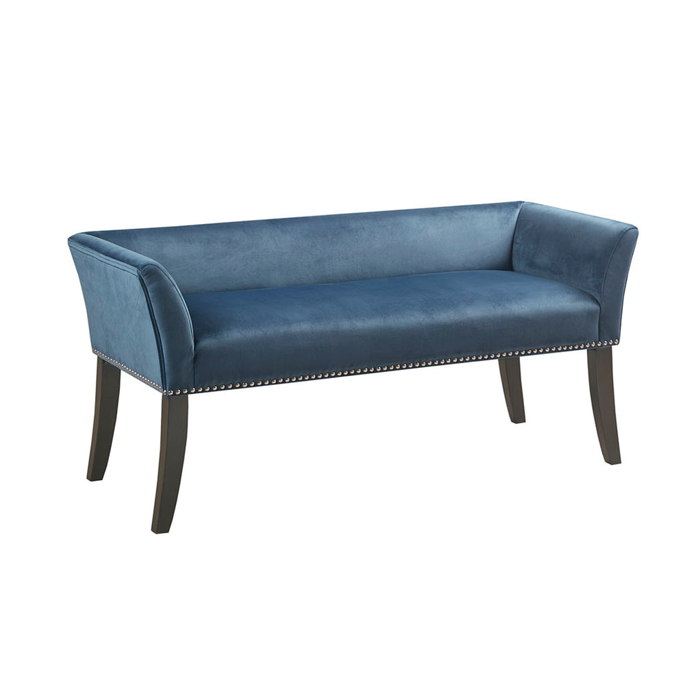 English Elm Accent Bench Welburn Blue Upholstered Low Back with Flared Arms, Nailhead Trim & Dark Coffee Legs — Chic 49.5"W Seating for Entryway or Bedroom B03548750