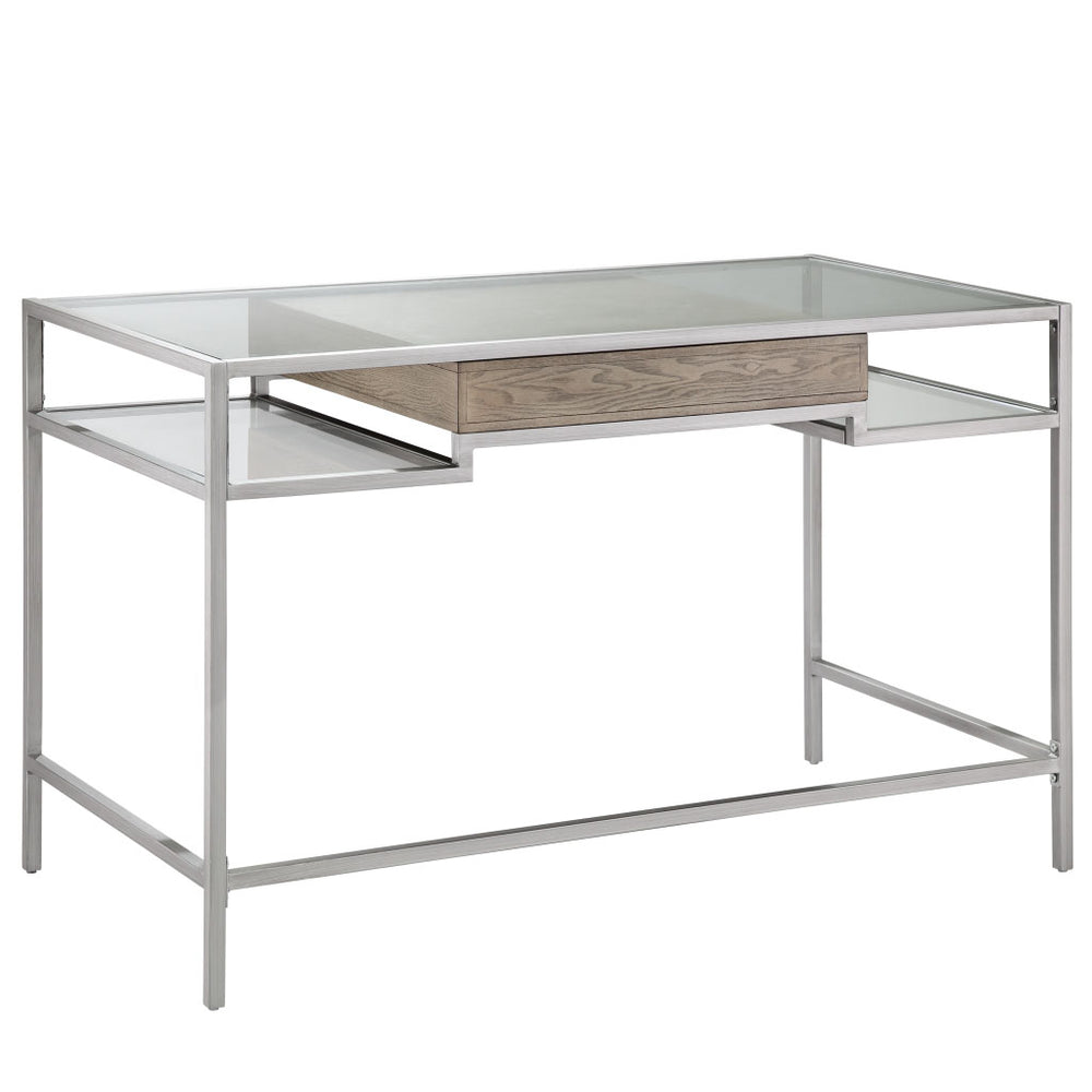 English Elm Adela Modern Writing Desk with Tempered Glass Top, Antique Brushed Silver Frame & Single Drawer Storage B03548852