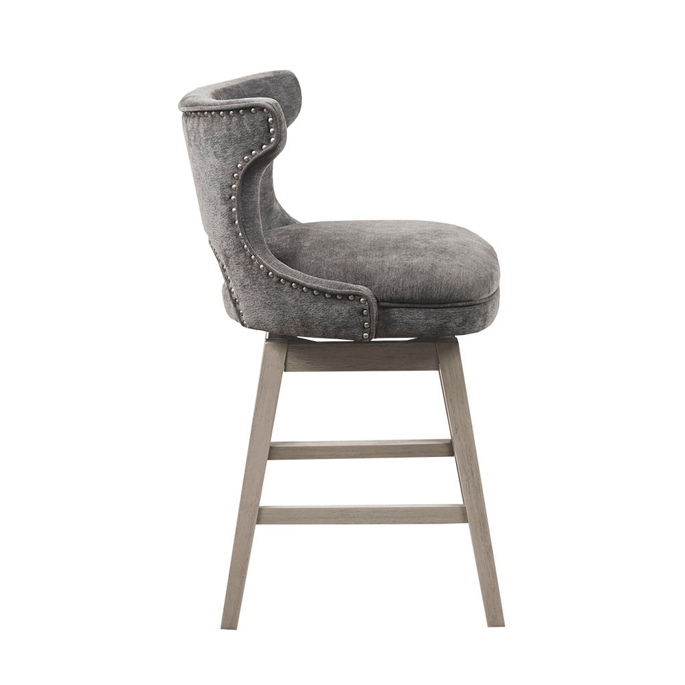 English Elm 25.75" Swivel Counter Stool with Dark Coffee Wood Legs, Bronze Nailhead Trim & Metal Kickplate, Plush Upholstery Charcoal 21.75 L x 24 W x 21 H B03548727
