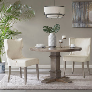 English Elm Upholstered Wingback Dining Chair with Piped Trim, Reclaimed Grey Wood Legs, High-Density Foam Comfort B03548762