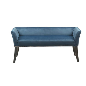English Elm Accent Bench Welburn Blue Upholstered Low Back with Flared Arms, Nailhead Trim & Dark Coffee Legs — Chic 49.5"W Seating for Entryway or Bedroom B03548750