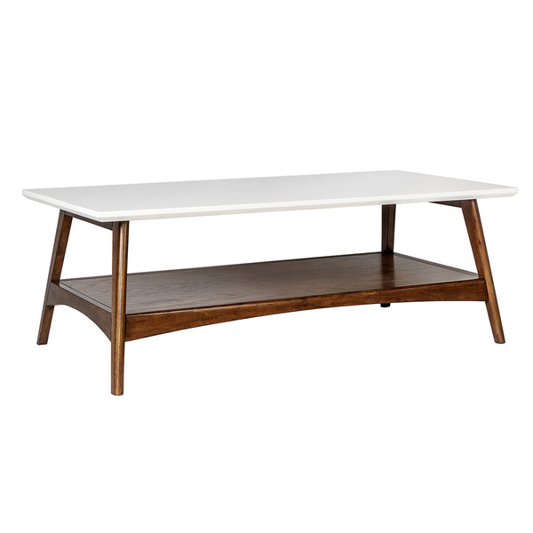 English Elm Coffee Parker Mid-Century Coffee Table with Off-White Top, Pecan Shelf & Solid Wood Frame, 48" B03548806