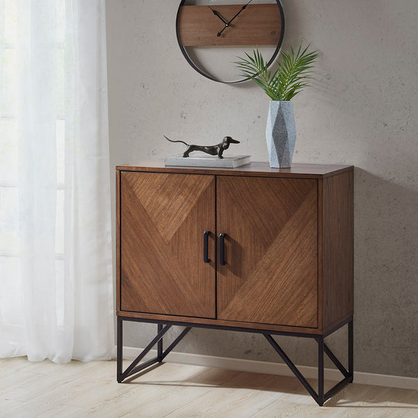 English Elm Accent Cabinet Krista Brown Walnut Wood Accent Cabinet with Matte Black Metal Base, Magnetic Doors & Shelf Storage B03548476