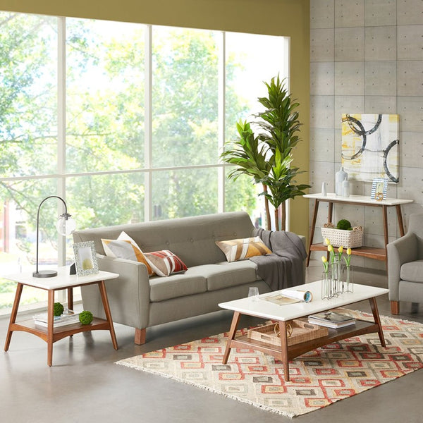 English Elm End Table with Open Shelf Two Tone White Pecan Rubberwood for Modern Living Rooms B03548807