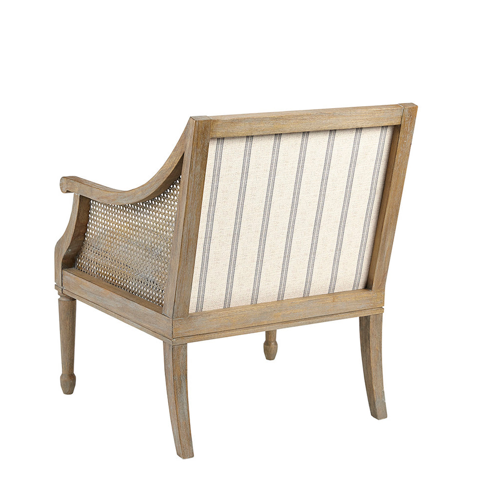 English Elm Accent Isla Upholstered Armchair with Cane-Accented Track Arms, Reclaimed Wood Legs, Farmhouse Chic Elegance B03548947