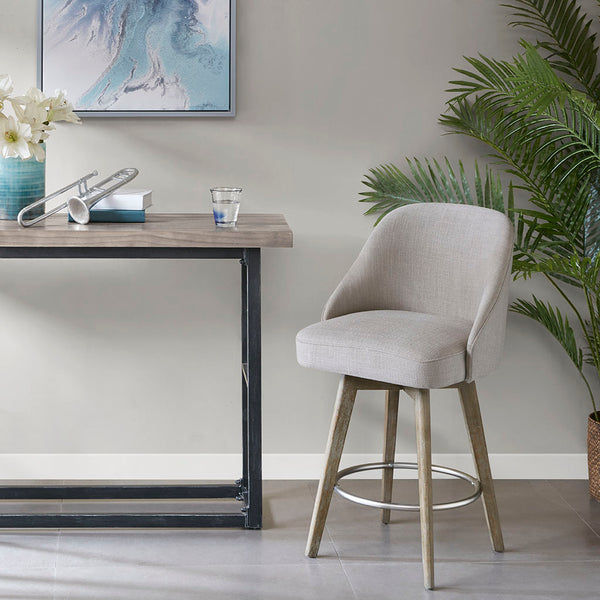 English Elm Counter Stool Pearce Swivel Upholstered Barrel Seat Reclaimed Grey Legs Matte Silver Footrest 38.5"H B03548701