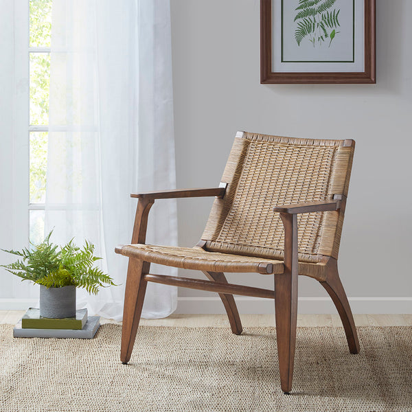 English Elm Clearwater Rattan Accent Chair with Solid Camel Oak Frame, Ergonomic Seat & Mid-Century Stylish Design B03549043