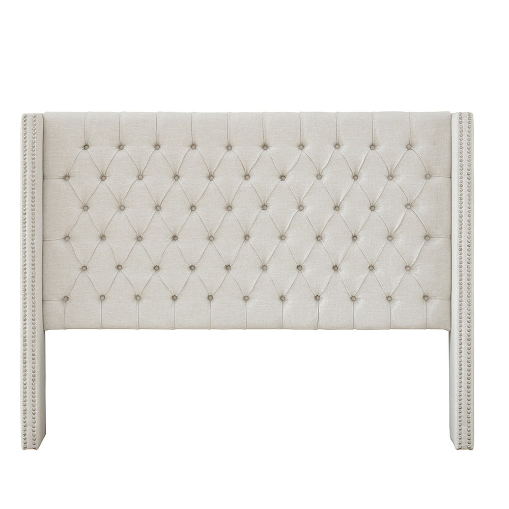 English Elm Upholstery Wingback Queen Headboard Cream Tufted Nailhead Trim Transitional Bedroom B03548785