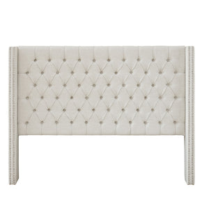 English Elm Upholstery Wingback Queen Headboard Cream Tufted Nailhead Trim Transitional Bedroom B03548785
