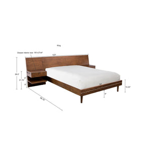 English Elm Clark King Bed with Attached Dual Nightstands, Oak Veneer Platform, Hidden Slide Storage, Low Headboard Modern Design B035S00021