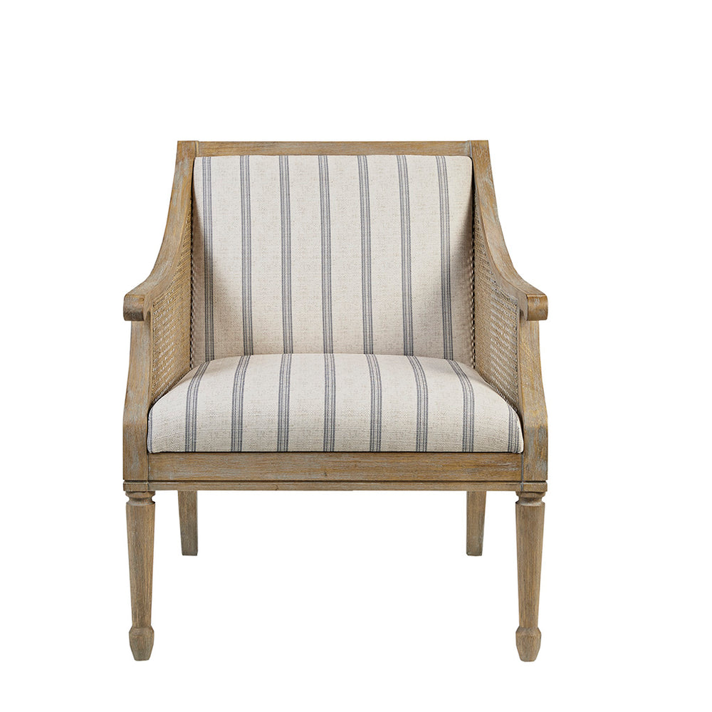English Elm Accent Isla Upholstered Armchair with Cane-Accented Track Arms, Reclaimed Wood Legs, Farmhouse Chic Elegance B03548947