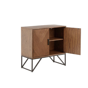 English Elm Accent Cabinet Krista Brown Walnut Wood Accent Cabinet with Matte Black Metal Base, Magnetic Doors & Shelf Storage B03548476