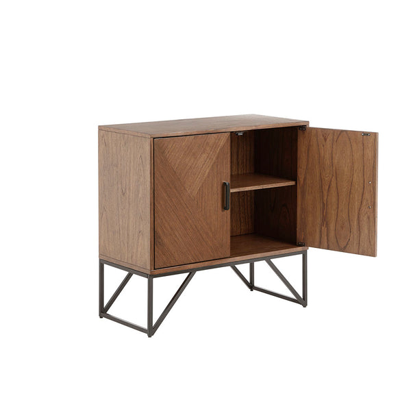 English Elm Accent Cabinet Krista Brown Walnut Wood Accent Cabinet with Matte Black Metal Base, Magnetic Doors & Shelf Storage B03548476